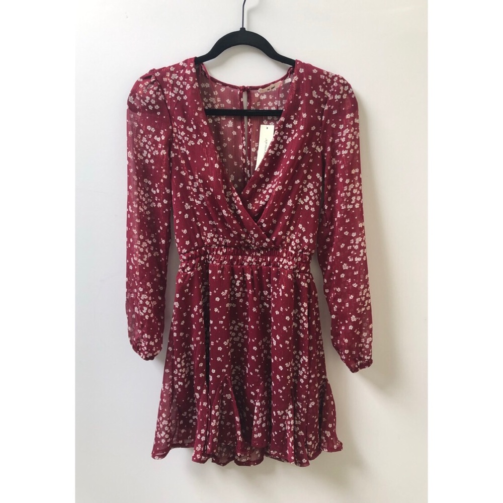 Metallic Ruby Red Crossover Flounce Dress